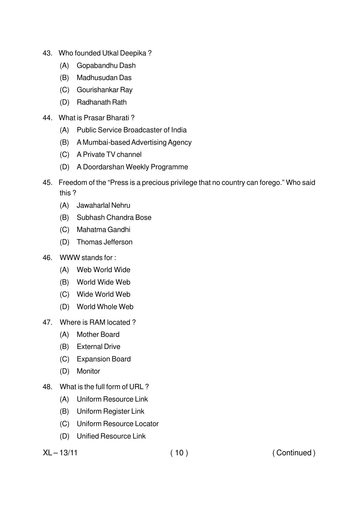 Odisha CPET JOURNALISM & MASS COMMUNICATION 2020 Question Paper - Page 10