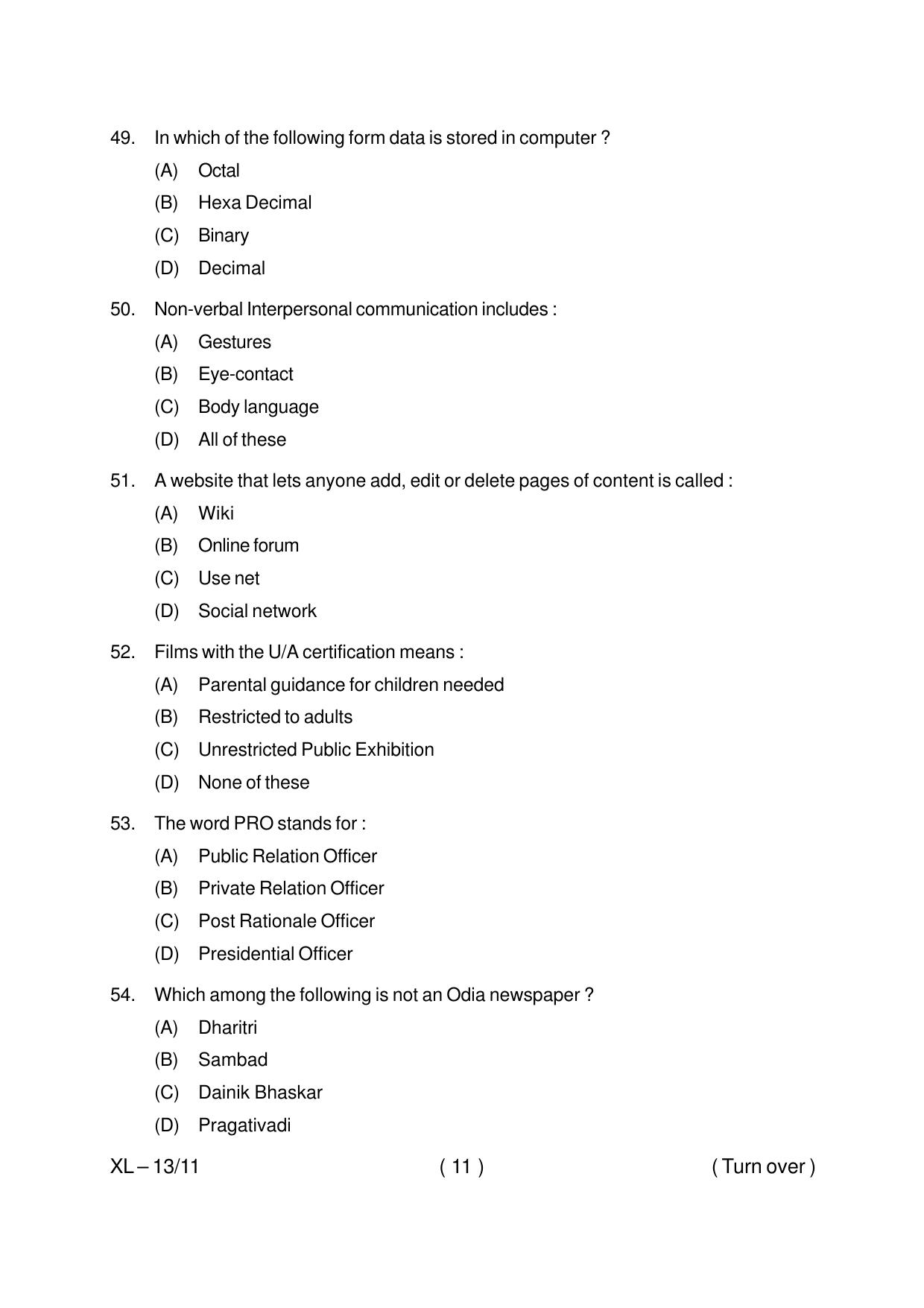 Odisha CPET JOURNALISM & MASS COMMUNICATION 2020 Question Paper - Page 11