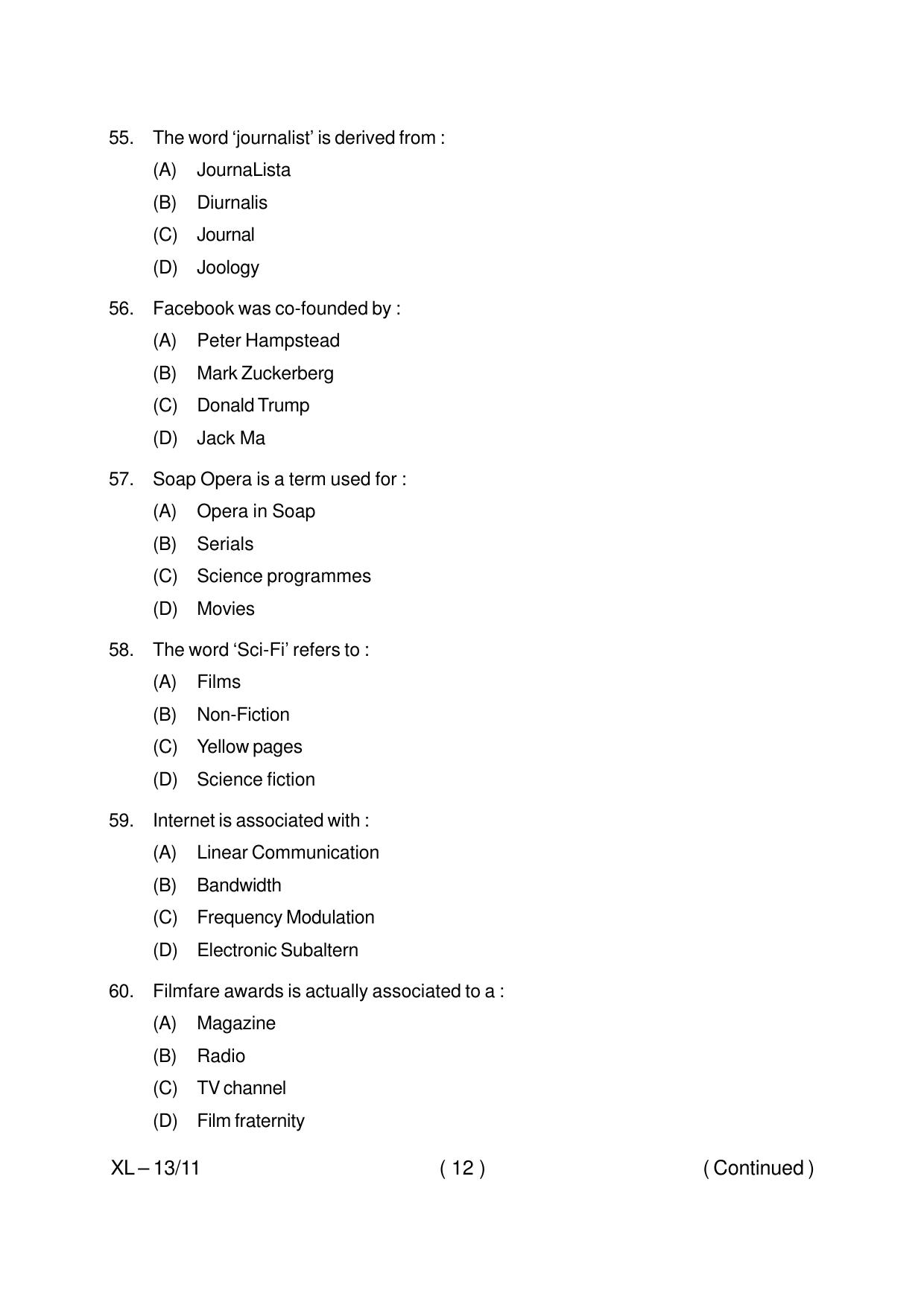 Odisha CPET JOURNALISM & MASS COMMUNICATION 2020 Question Paper - Page 12