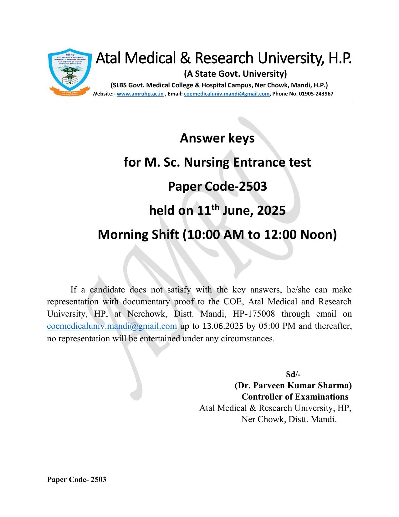 HP M.Sc. Nursing 2025 Question Paper Answer Key - Page 1
