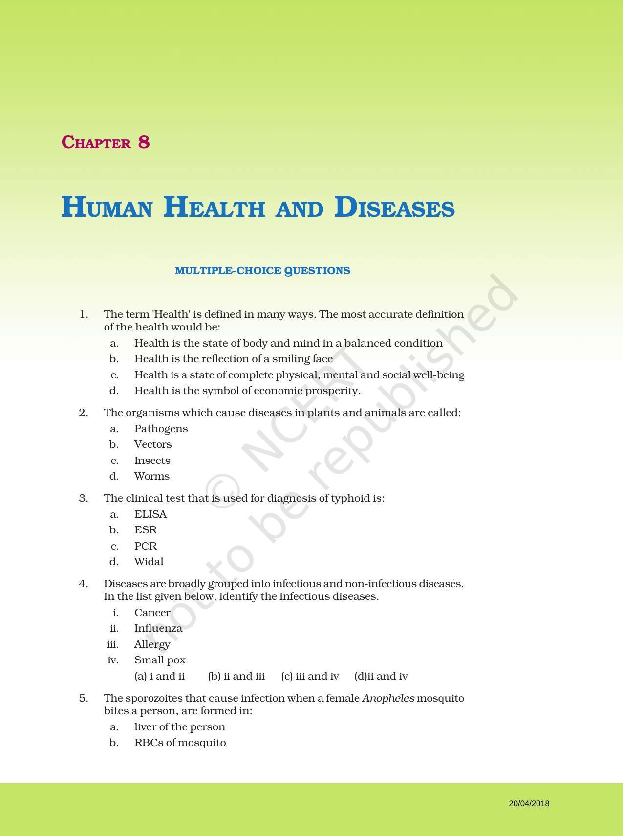 NCERT Exemplar Book for Class 12 Biology: Chapter 8 Human Health and Diseases - Page 1
