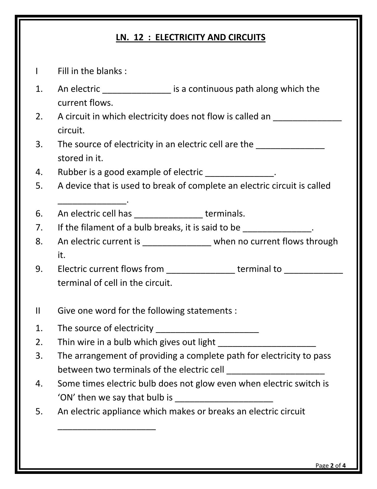 CBSE Worksheets for Class 6 Science Electricity and Circuits Assignment - Page 1