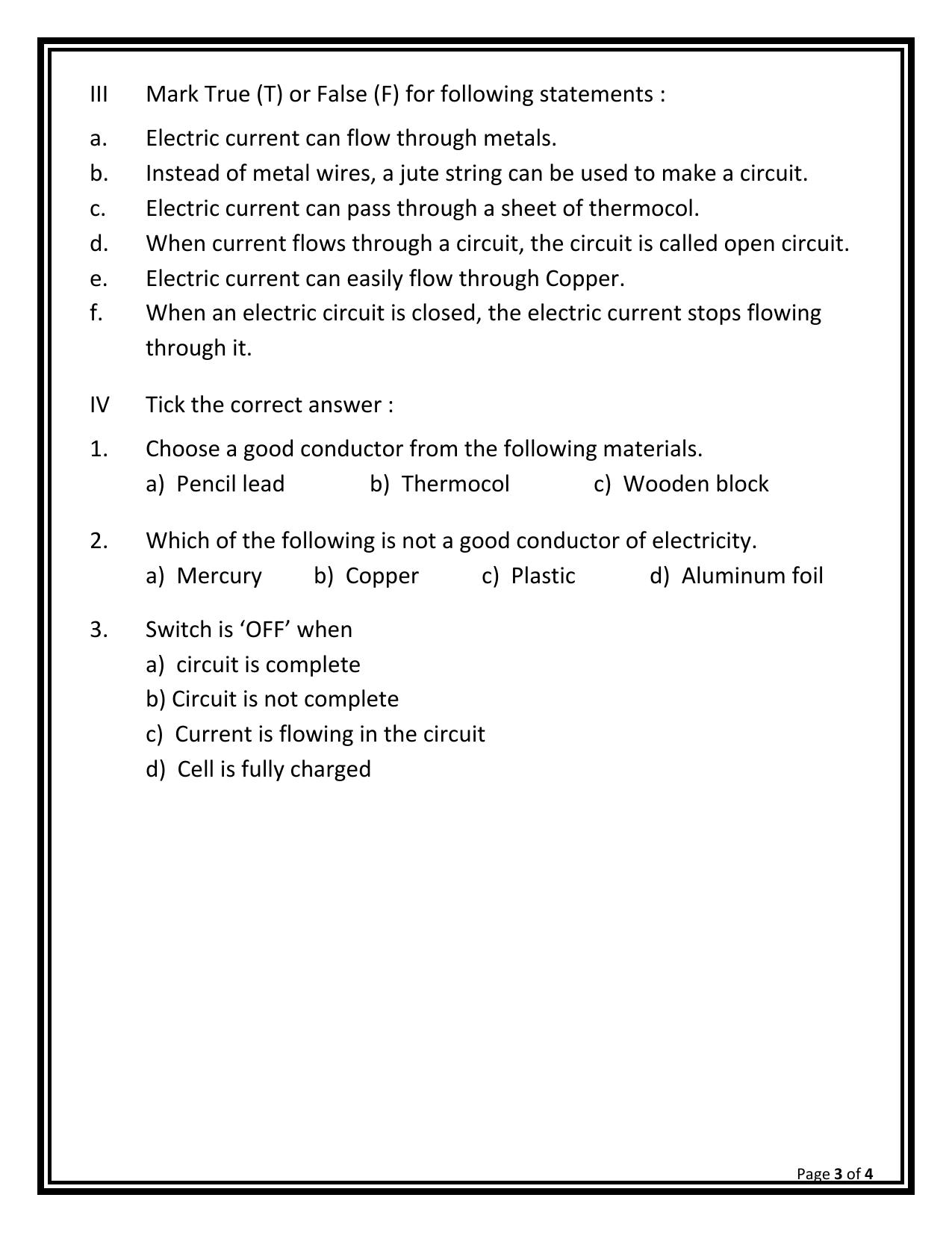 CBSE Worksheets for Class 6 Science Electricity and Circuits Assignment - Page 2