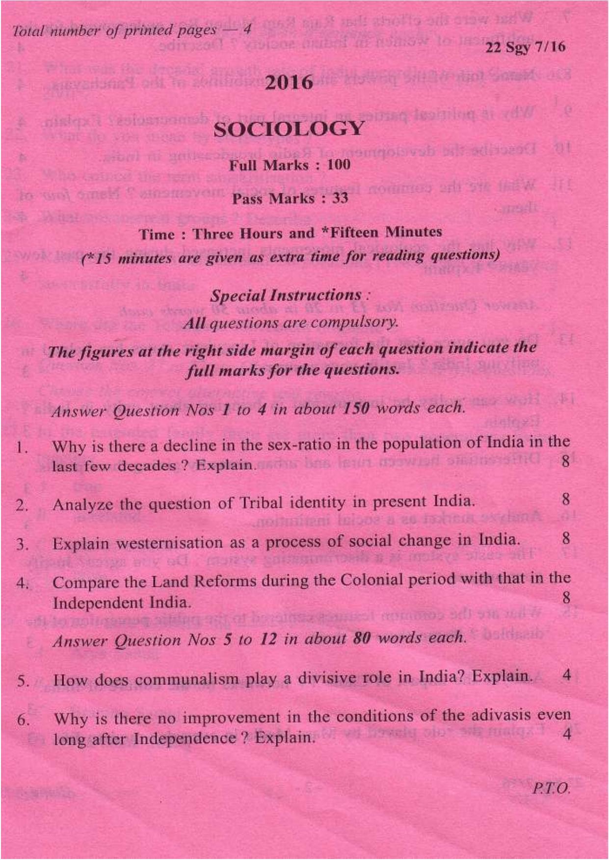 COHSEM Class 12 Sociology 2016 Question Papers - Page 1
