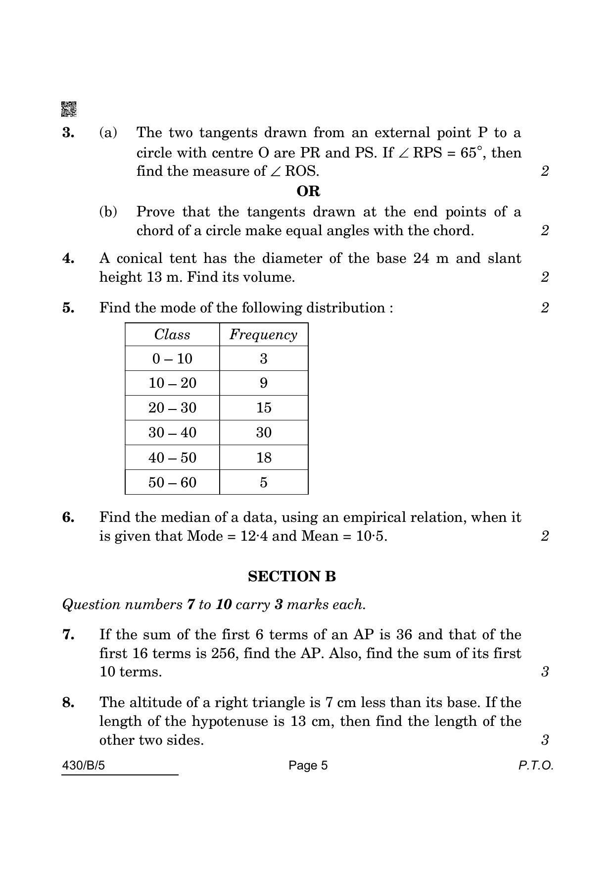 CBSE Class 10 Maths Basic (430/B/5 - SET 5) 2022 Question Paper - Page 5