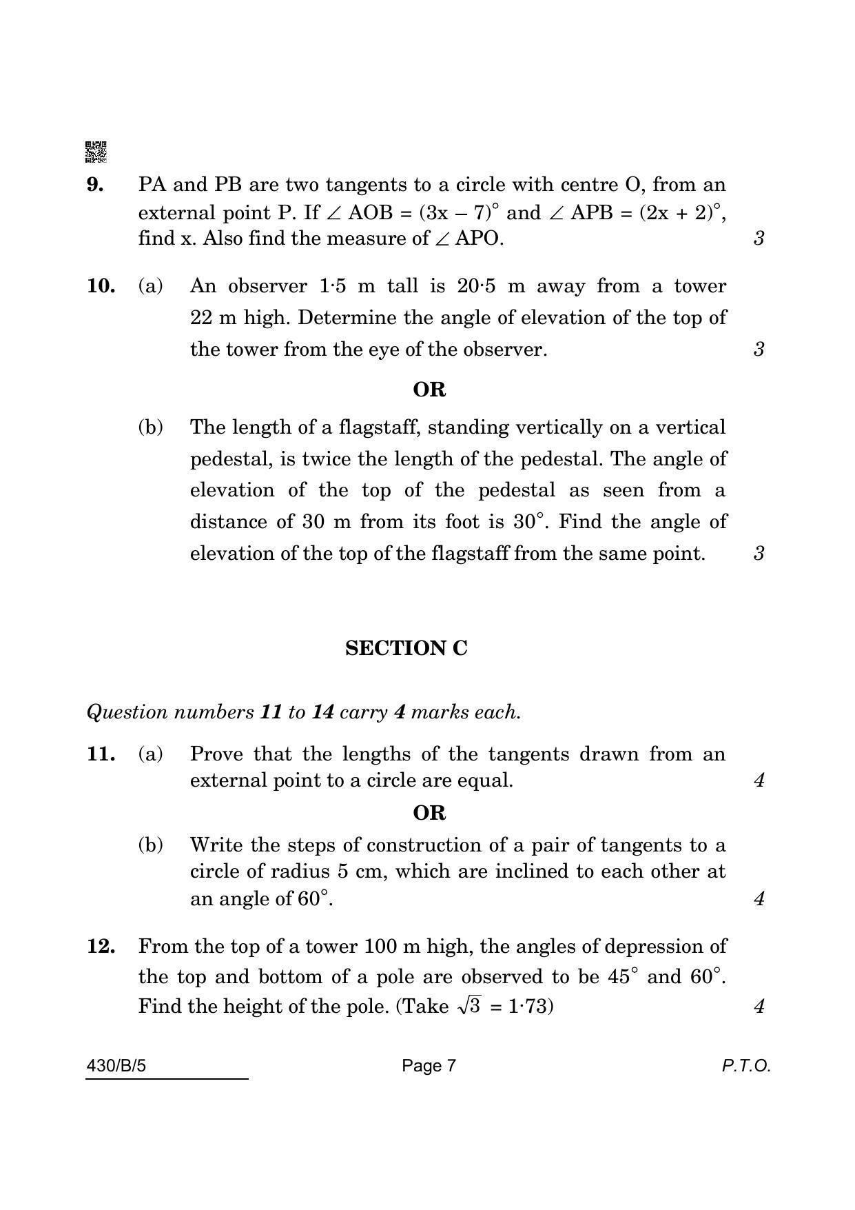 CBSE Class 10 Maths Basic (430/B/5 - SET 5) 2022 Question Paper - Page 7