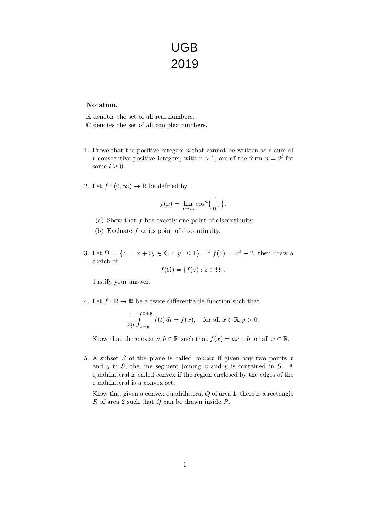 ISI Admission Test B.Stat UGB 2019 Sample Paper - Page 1
