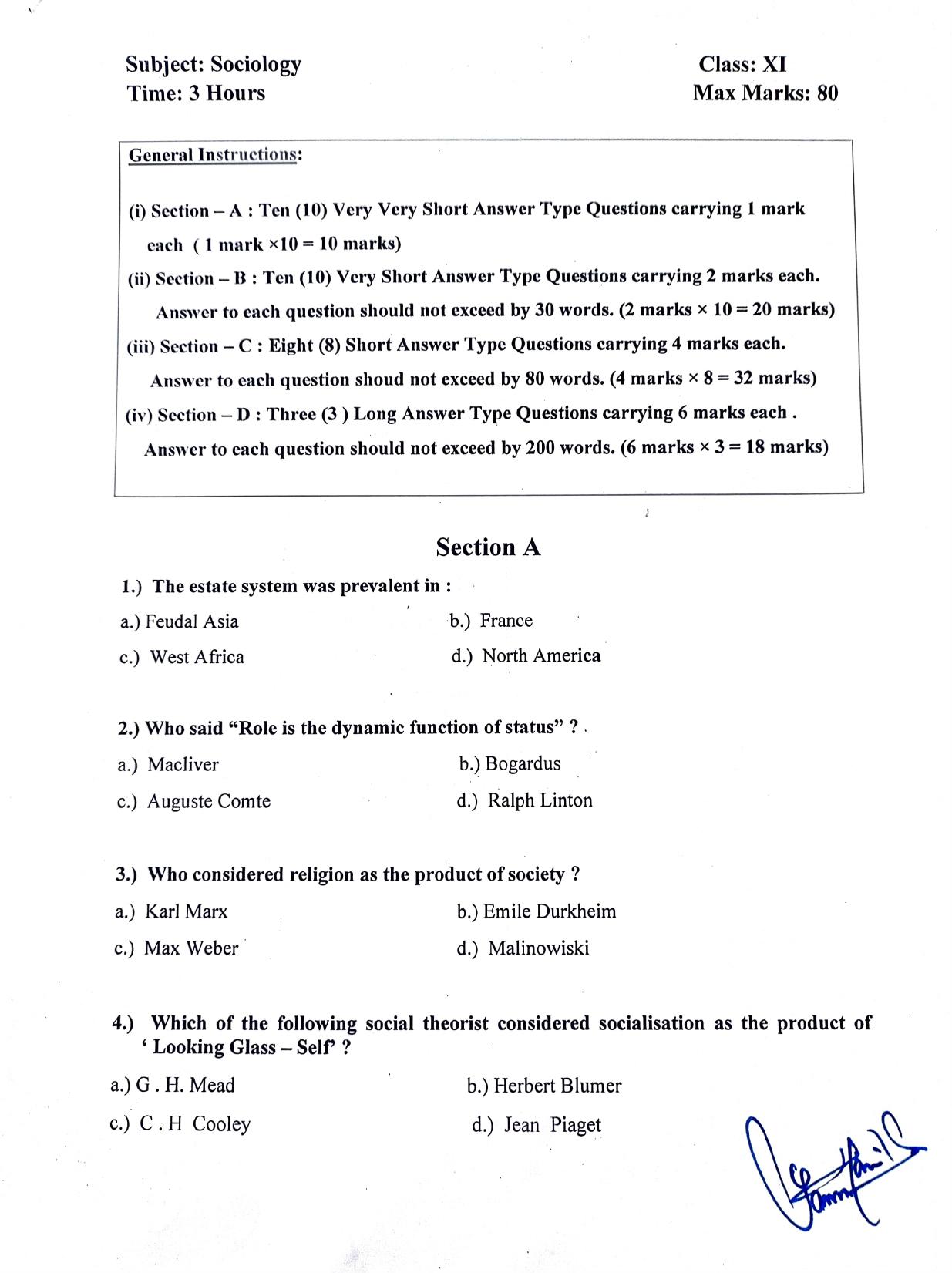 JKBOSE Class 11 Sociology Model Question Paper - Page 1