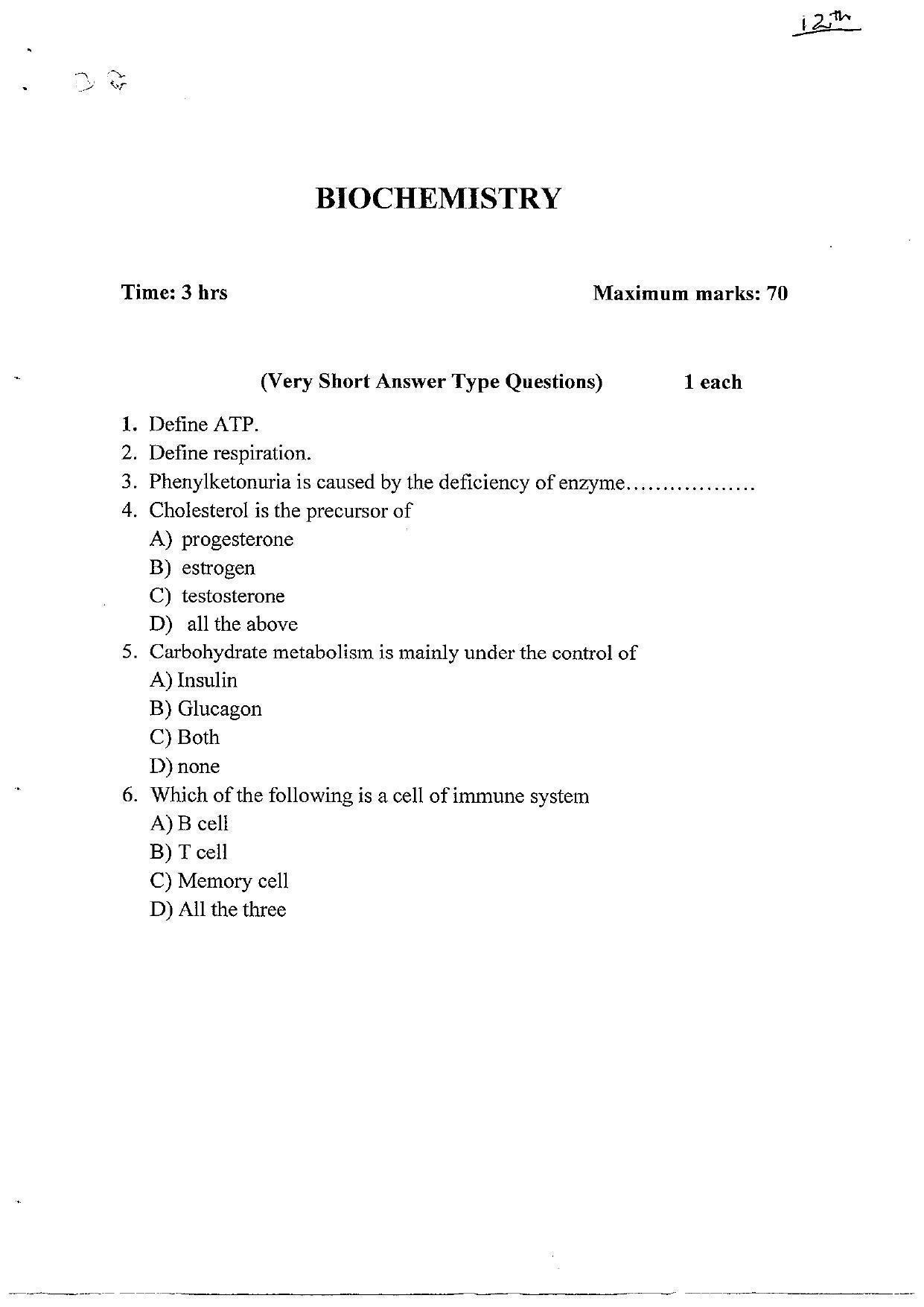 JKBOSE Class 12 Biochemistry Model Question Paper 2023 - Page 1