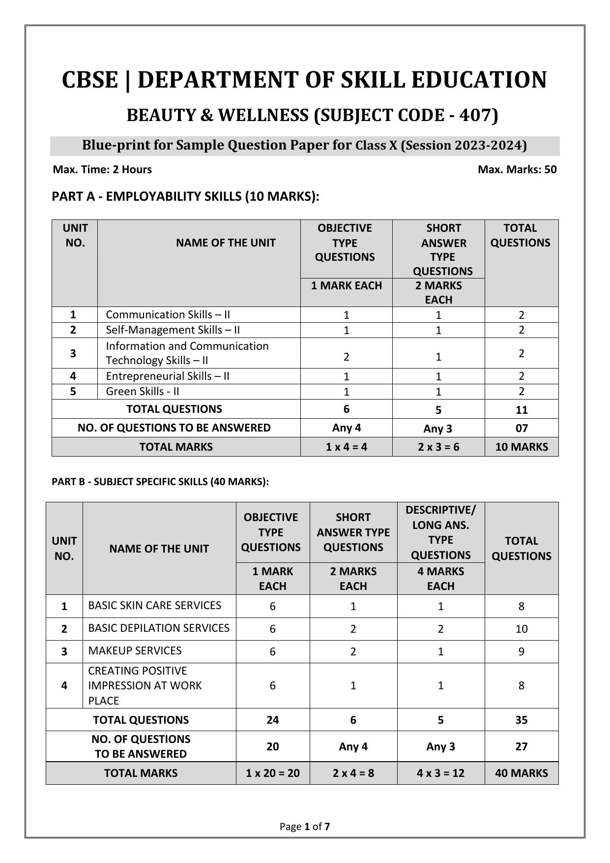 CBSE Class 10 (Skill Education) Beauty And Wellness 2024 Sample Paper - Page 1