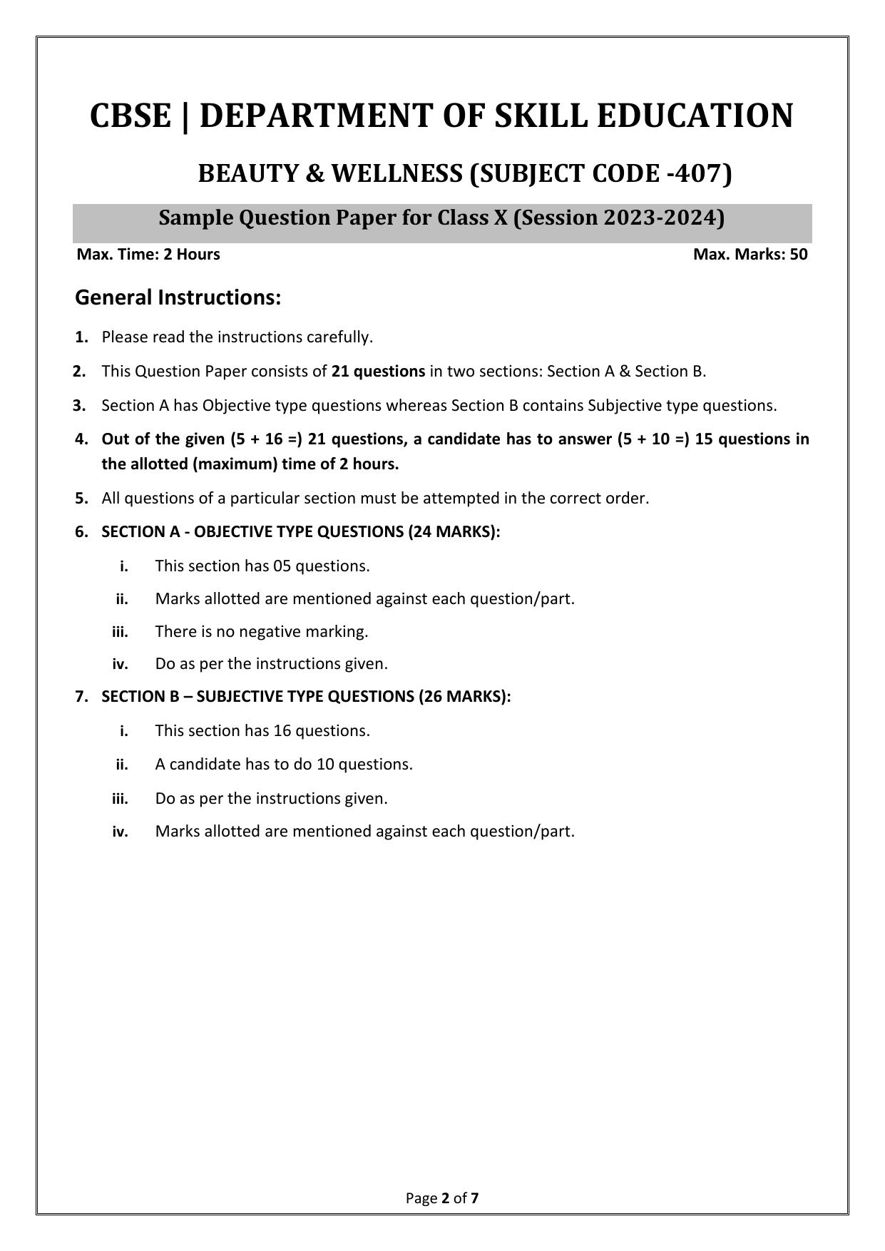 CBSE Class 10 (Skill Education) Beauty And Wellness 2024 Sample Paper - Page 2