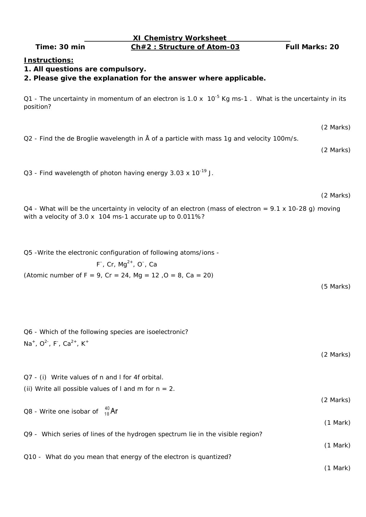 CBSE Worksheets for Class 11 Chemistry Structure of Atom Assignment 3 - Page 1