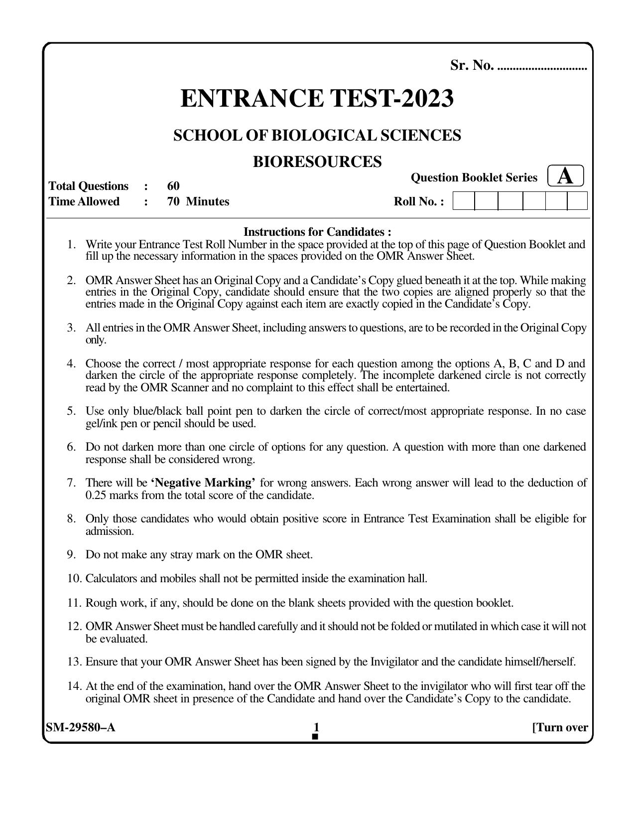 KUET 2023 M.Sc. Bioresources Question Paper - Page 1