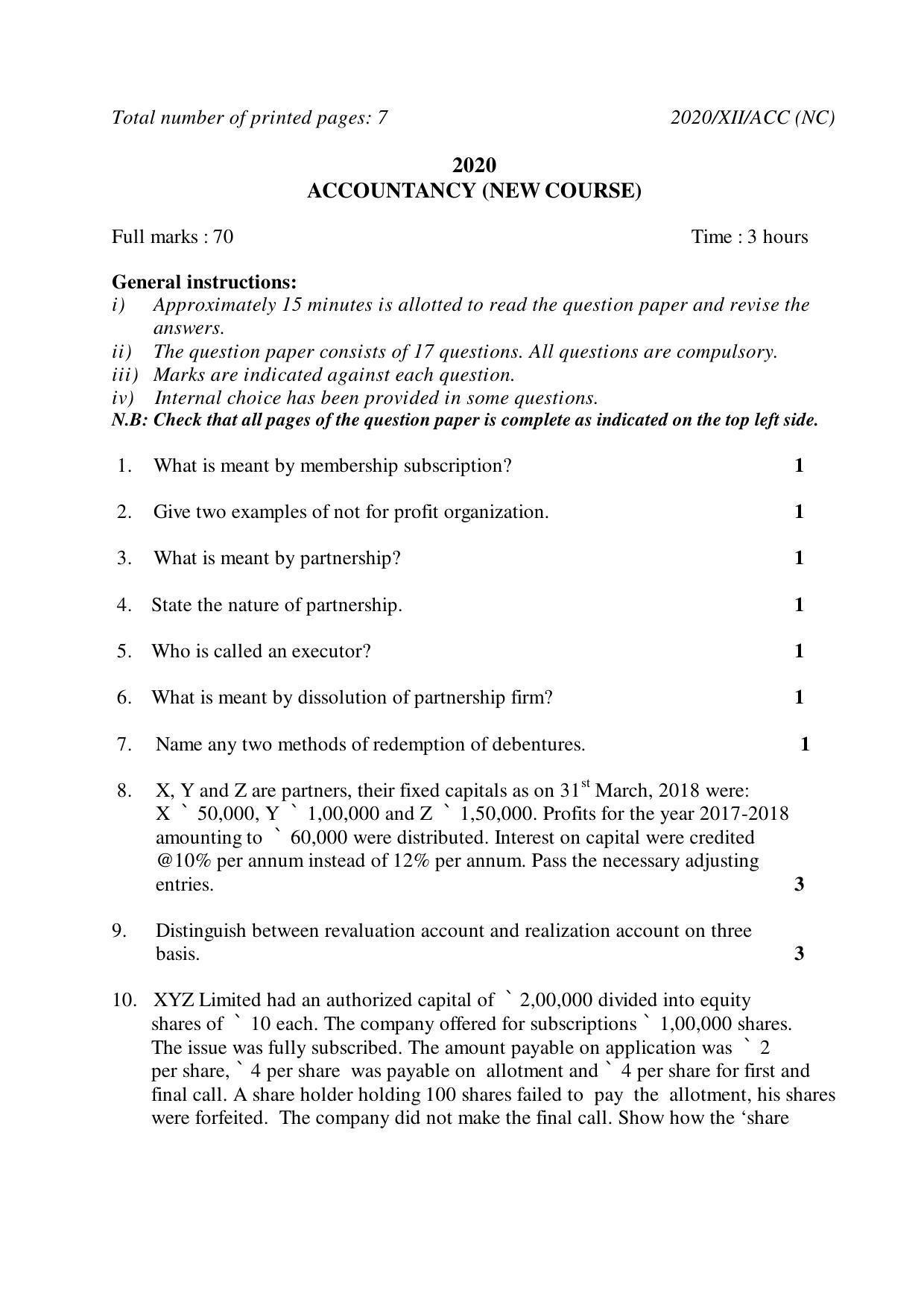 Nagaland Board Class 12 ACCOUNTANCY (NEW COURSE) 2020 Question Paper - Page 1