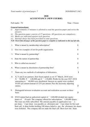 Nagaland Board Class 12 ACCOUNTANCY (NEW COURSE) 2020 Question Paper