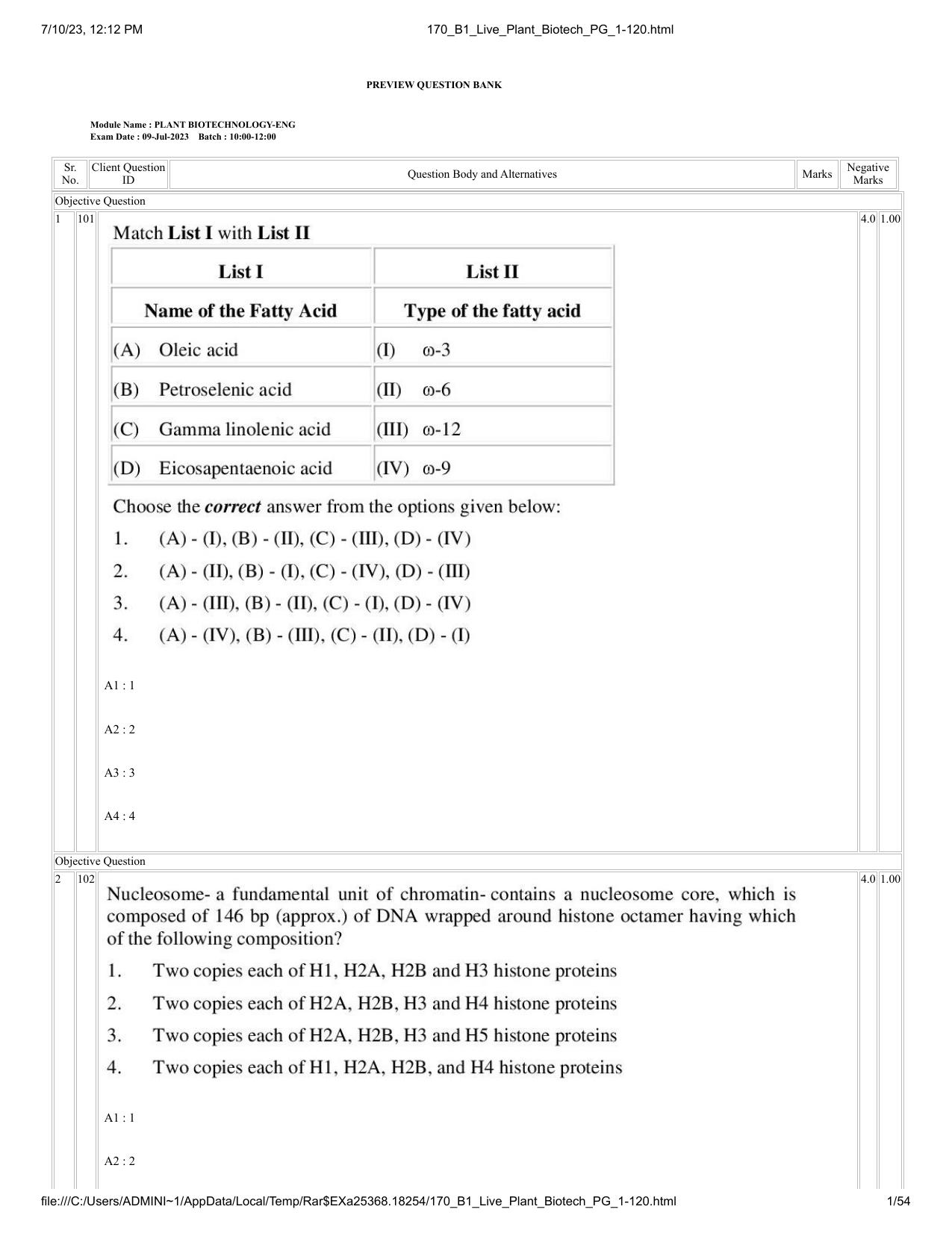 ICAR AIEEA PG 2023 PLANT BIOTECHNOLOGY Question Paper - Page 1