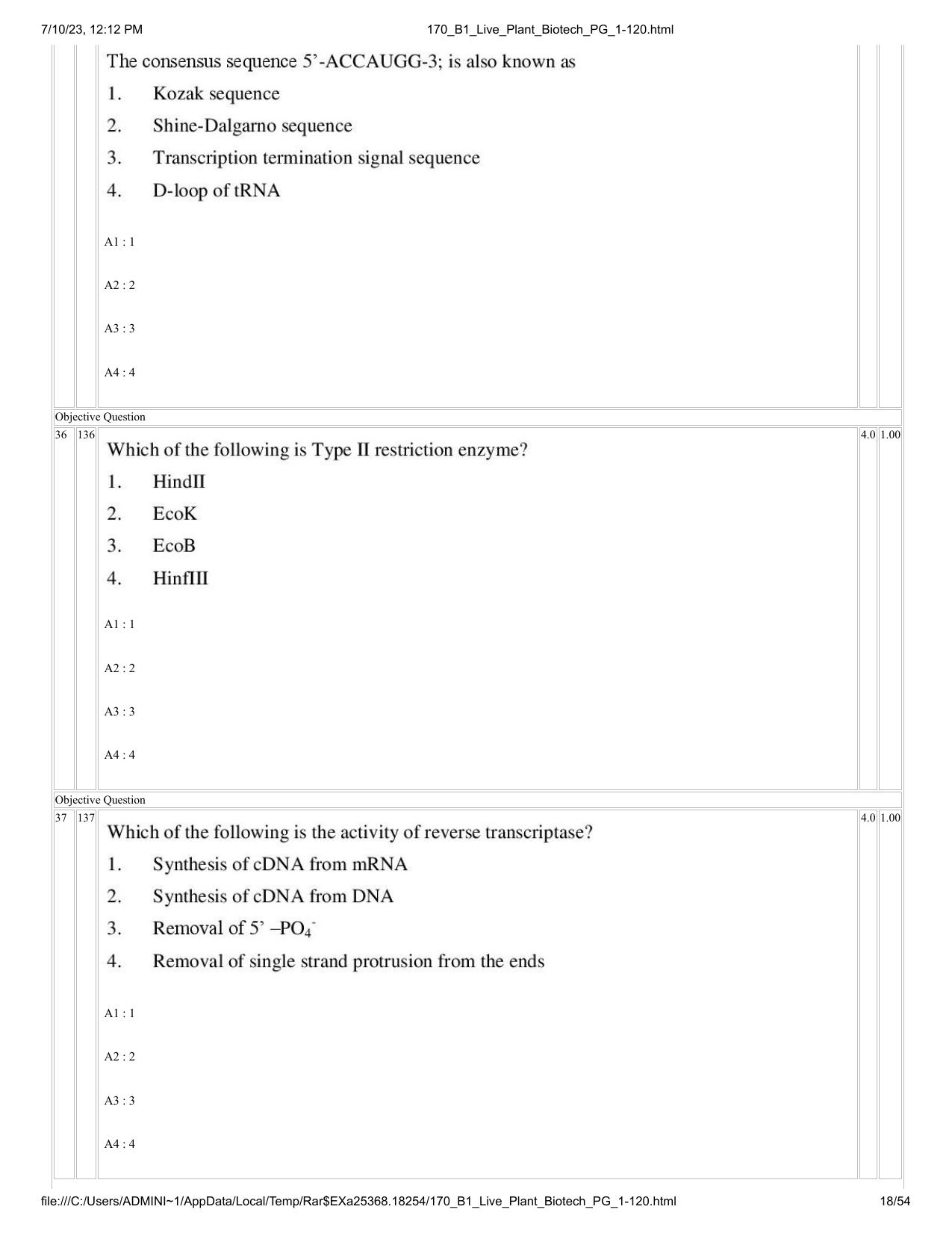 ICAR AIEEA PG 2023 PLANT BIOTECHNOLOGY Question Paper - Page 18