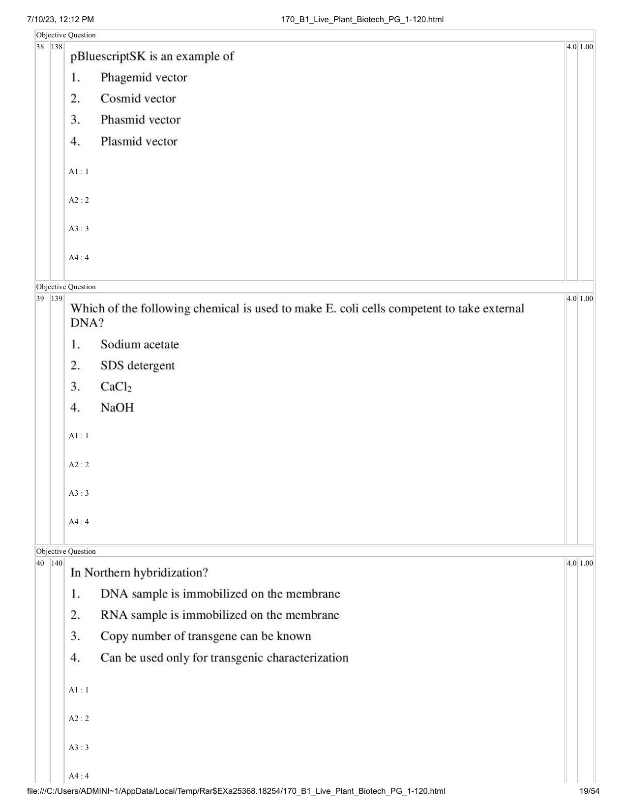 ICAR AIEEA PG 2023 PLANT BIOTECHNOLOGY Question Paper - Page 19