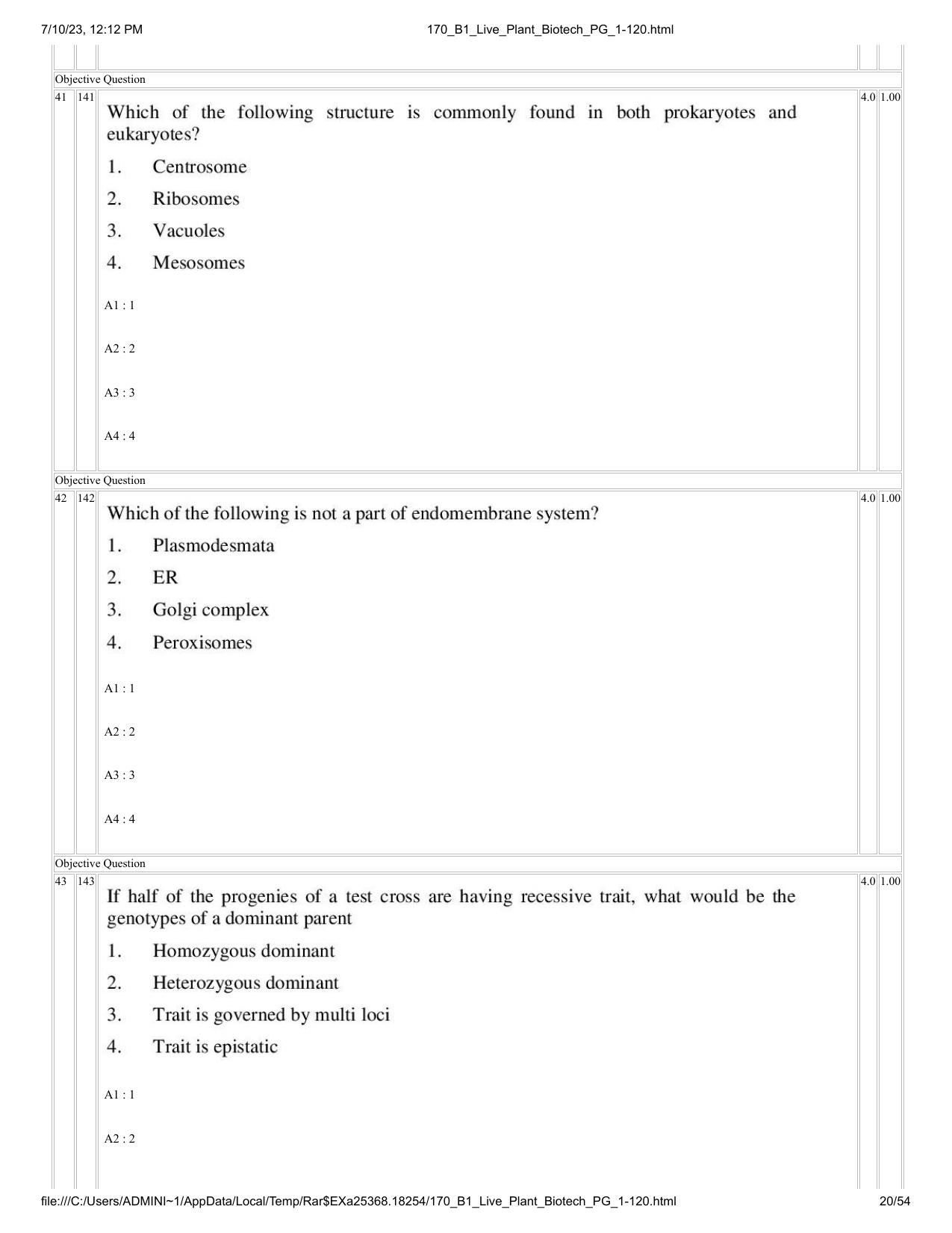 ICAR AIEEA PG 2023 PLANT BIOTECHNOLOGY Question Paper - Page 20