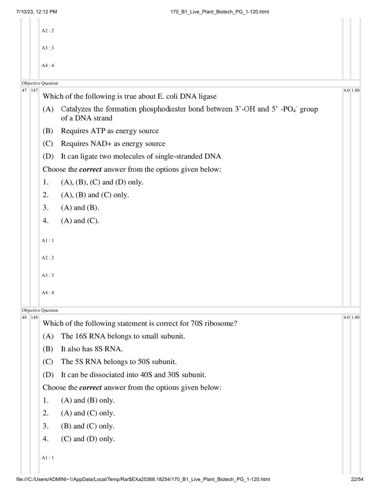 ICAR AIEEA PG 2023 PLANT BIOTECHNOLOGY Question Paper - Page 22