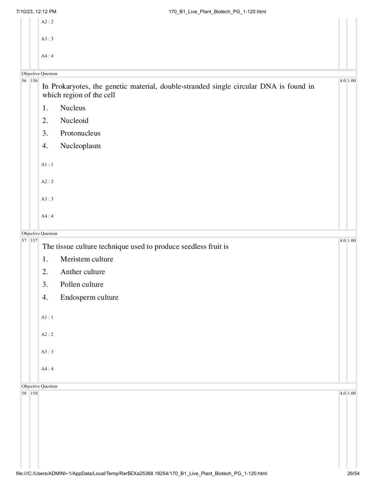 ICAR AIEEA PG 2023 PLANT BIOTECHNOLOGY Question Paper - Page 26