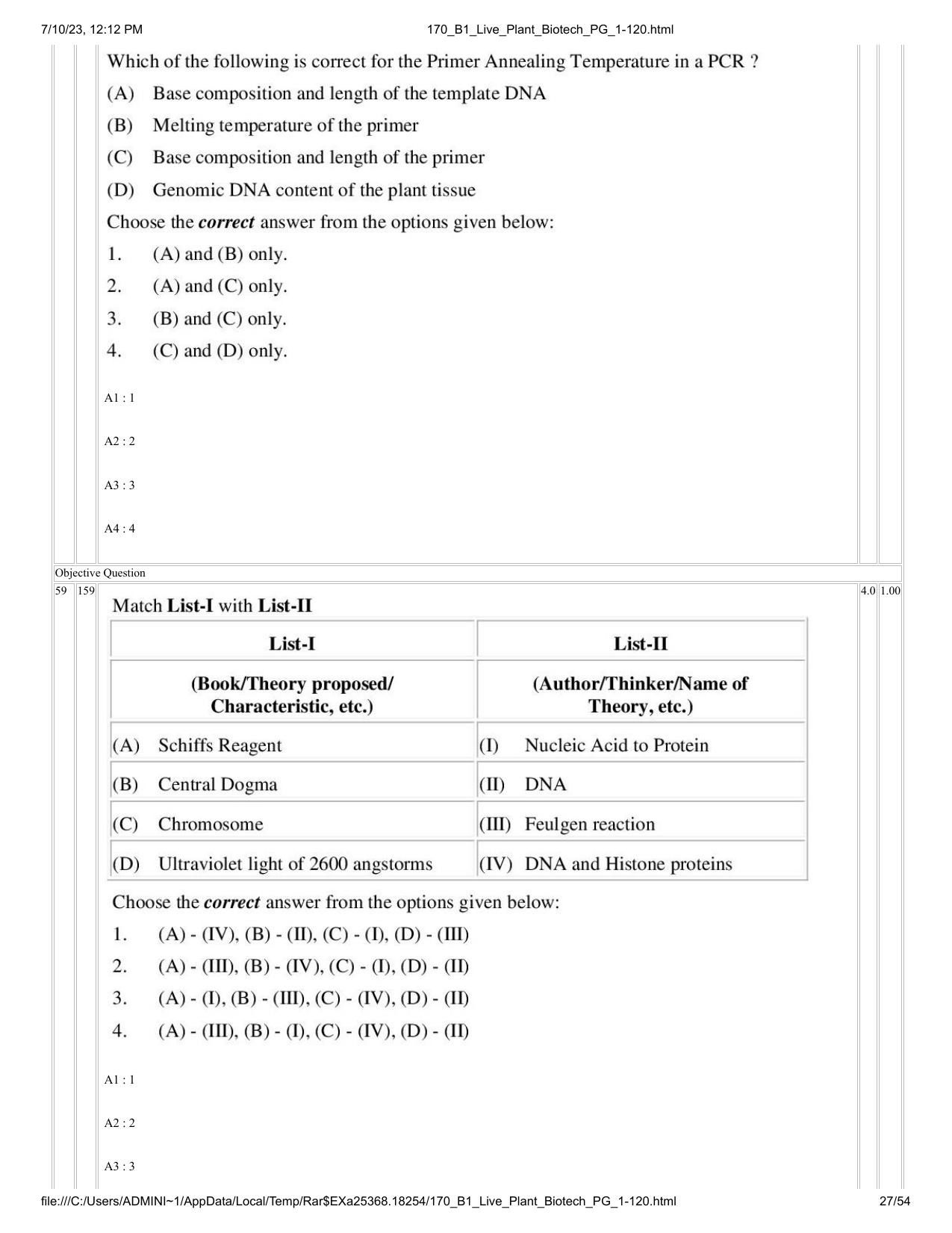 ICAR AIEEA PG 2023 PLANT BIOTECHNOLOGY Question Paper - Page 27