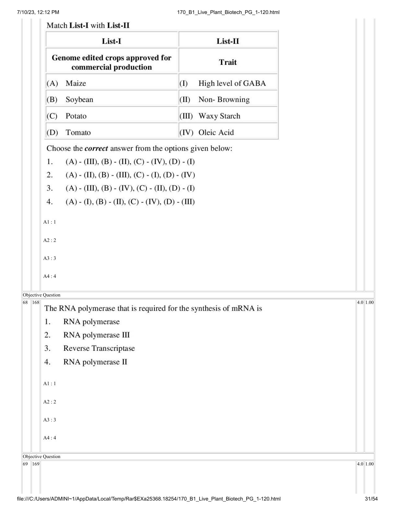 ICAR AIEEA PG 2023 PLANT BIOTECHNOLOGY Question Paper - Page 31