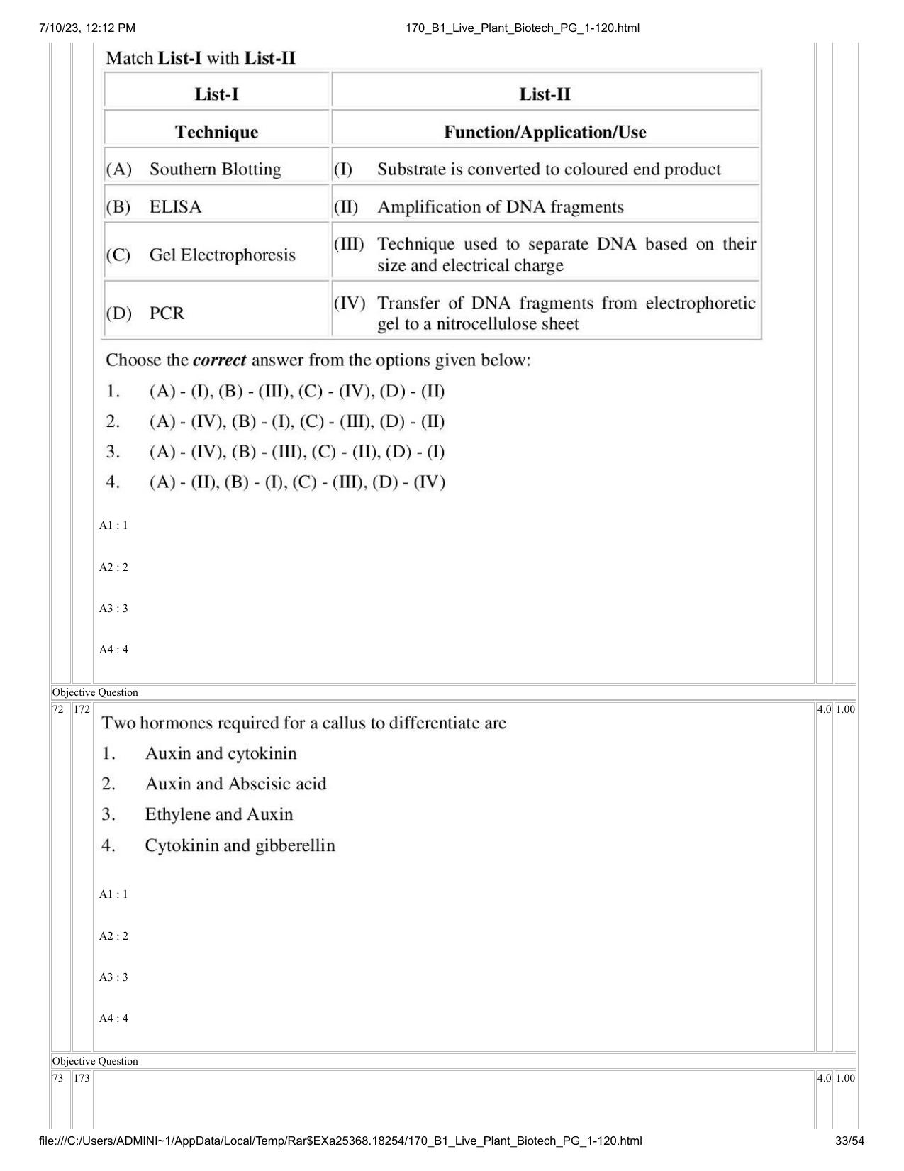 ICAR AIEEA PG 2023 PLANT BIOTECHNOLOGY Question Paper - Page 33