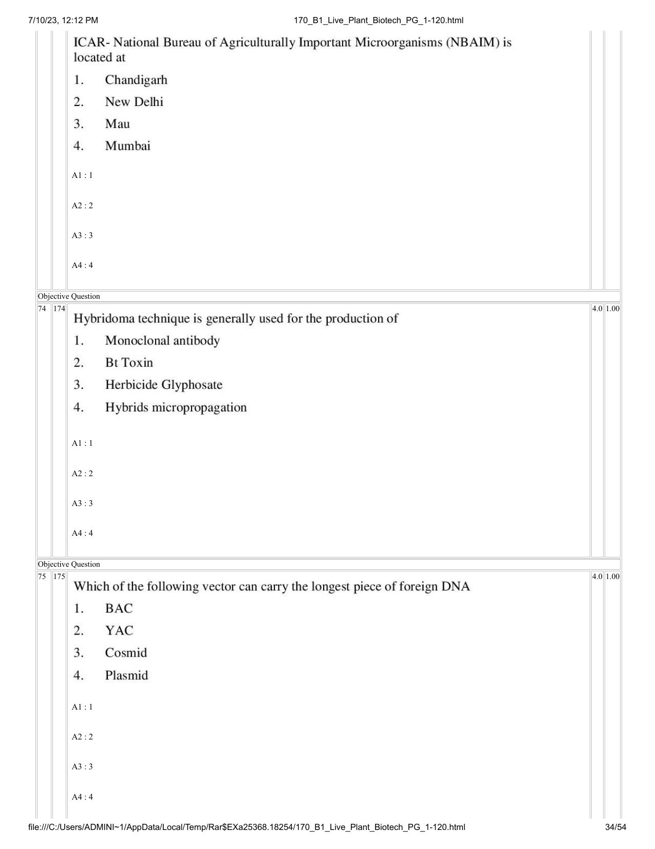 ICAR AIEEA PG 2023 PLANT BIOTECHNOLOGY Question Paper - Page 34