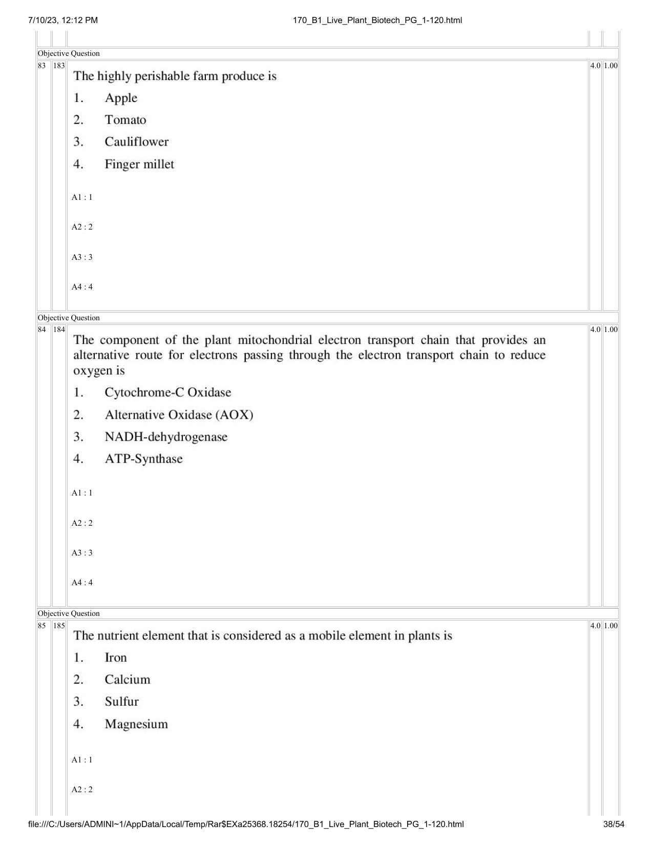 ICAR AIEEA PG 2023 PLANT BIOTECHNOLOGY Question Paper - Page 38
