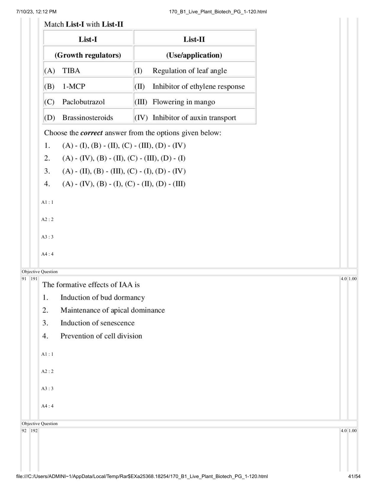 ICAR AIEEA PG 2023 PLANT BIOTECHNOLOGY Question Paper - Page 41