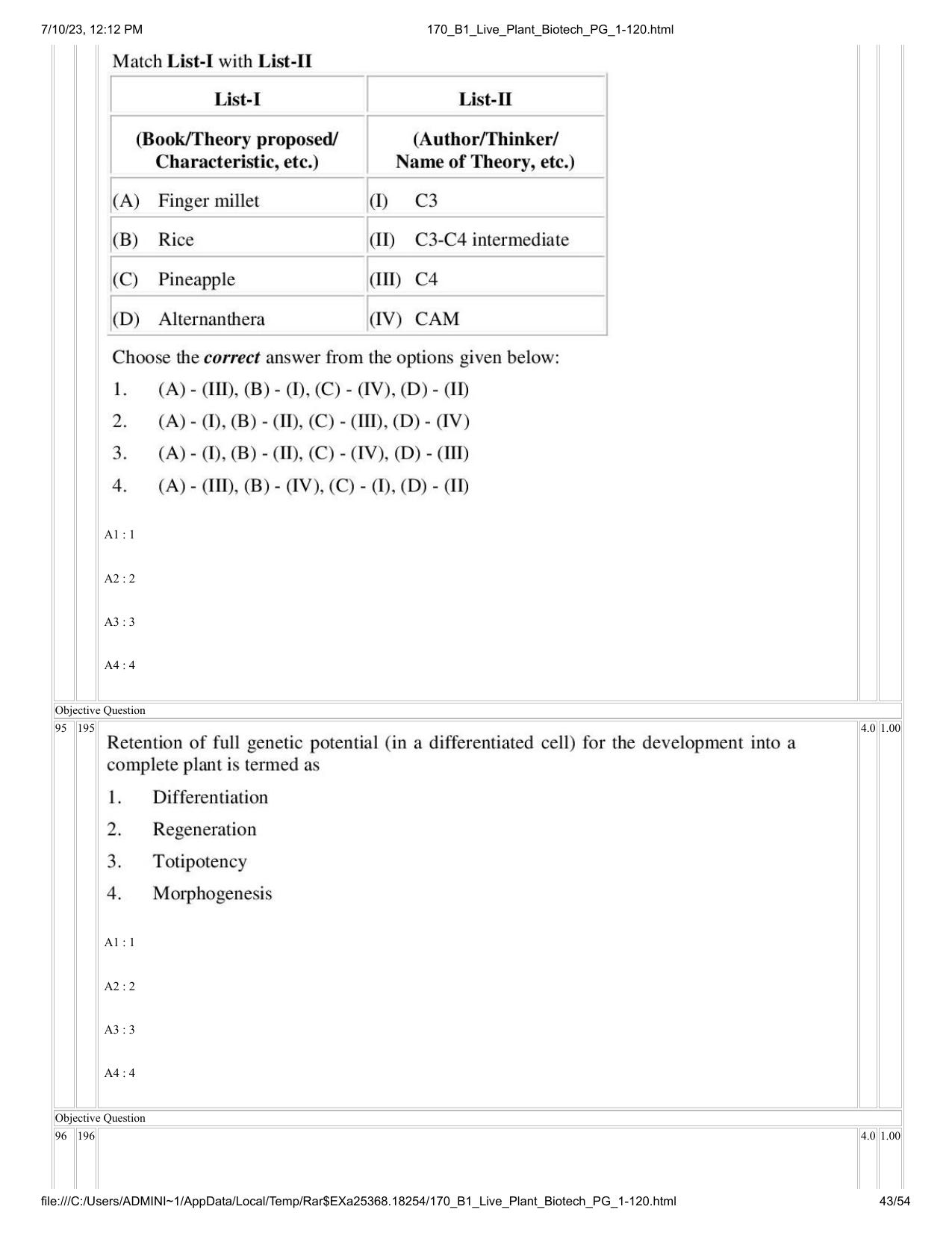 ICAR AIEEA PG 2023 PLANT BIOTECHNOLOGY Question Paper - Page 43