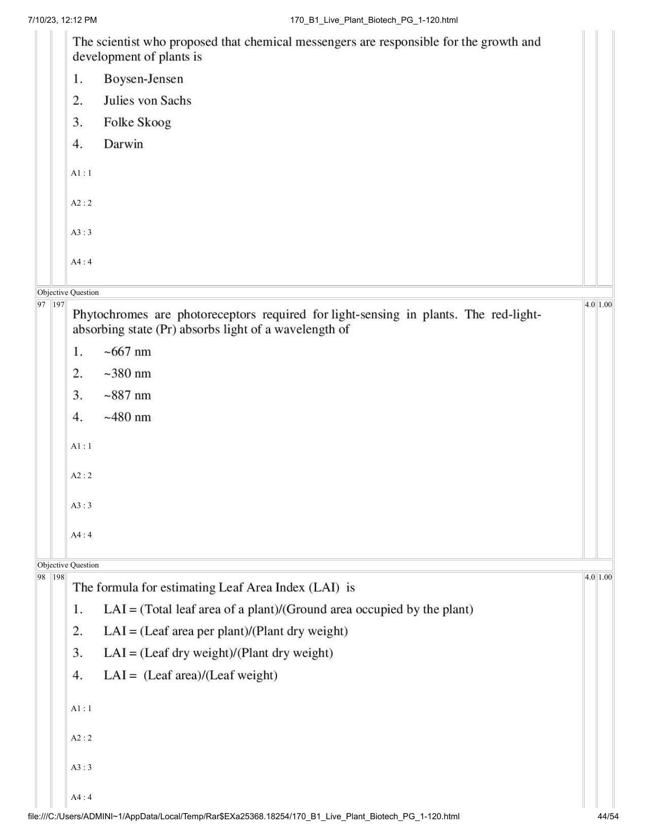 ICAR AIEEA PG 2023 PLANT BIOTECHNOLOGY Question Paper - Page 44