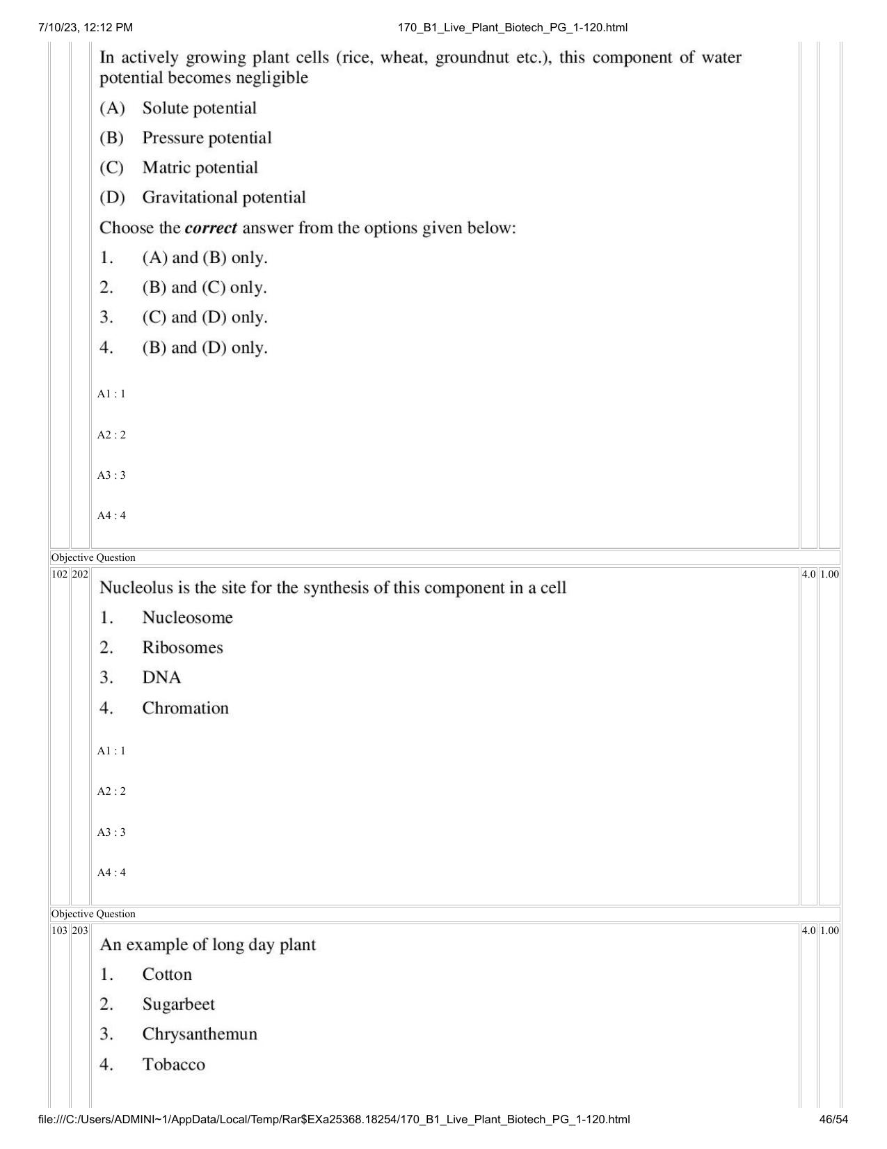 ICAR AIEEA PG 2023 PLANT BIOTECHNOLOGY Question Paper - Page 46