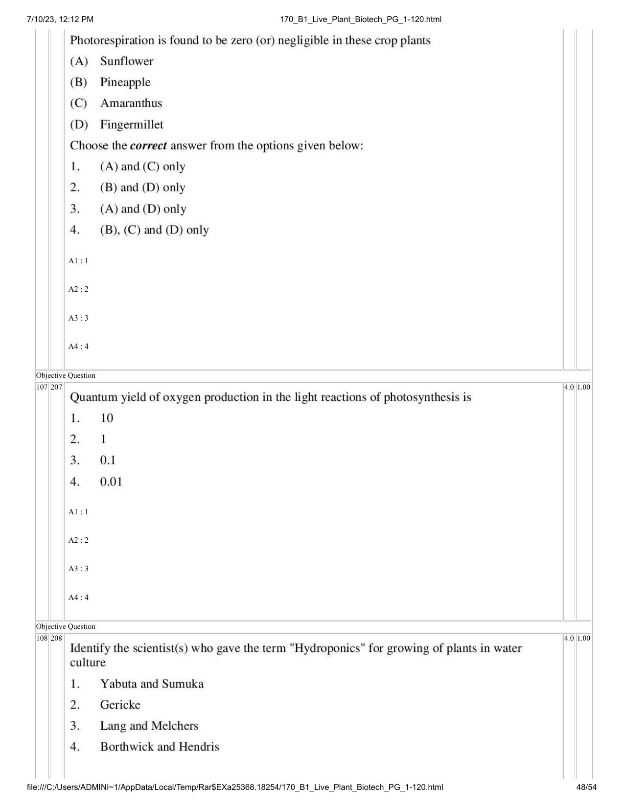 ICAR AIEEA PG 2023 PLANT BIOTECHNOLOGY Question Paper - Page 48