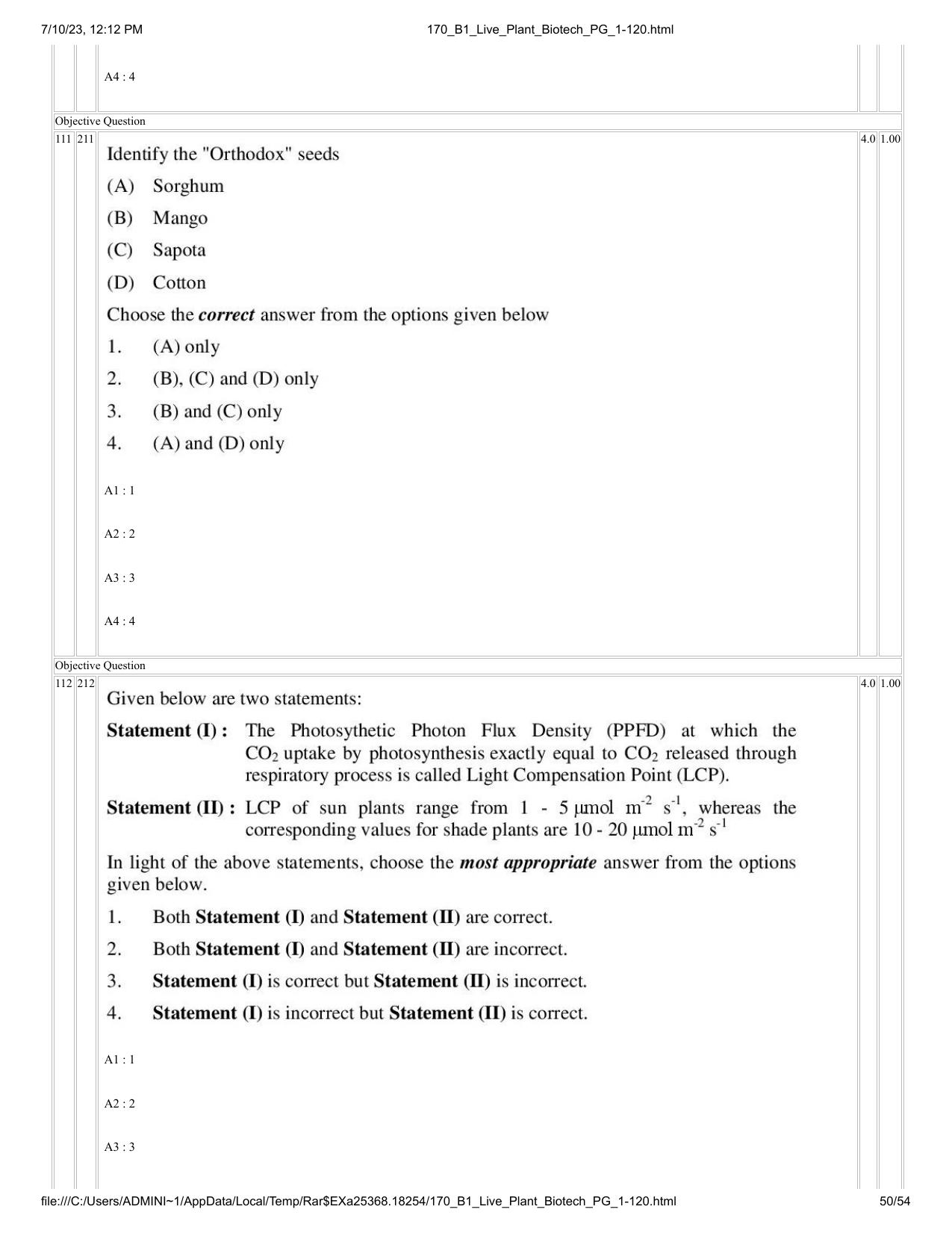 ICAR AIEEA PG 2023 PLANT BIOTECHNOLOGY Question Paper - Page 50