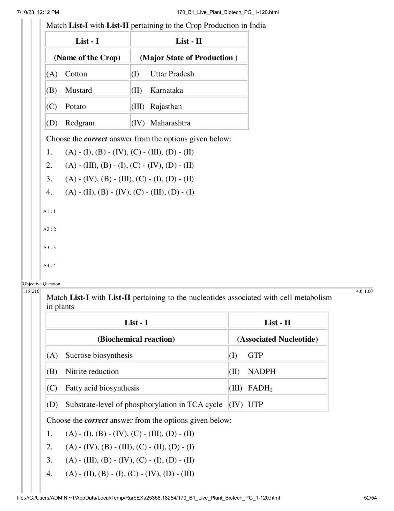ICAR AIEEA PG 2023 PLANT BIOTECHNOLOGY Question Paper - Page 52