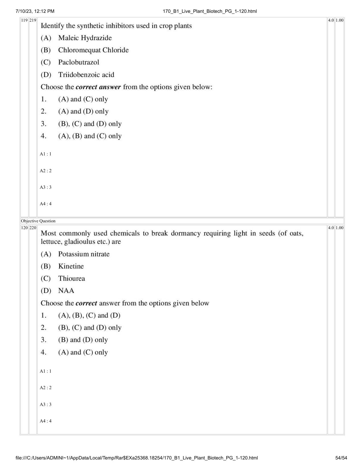 ICAR AIEEA PG 2023 PLANT BIOTECHNOLOGY Question Paper - Page 54