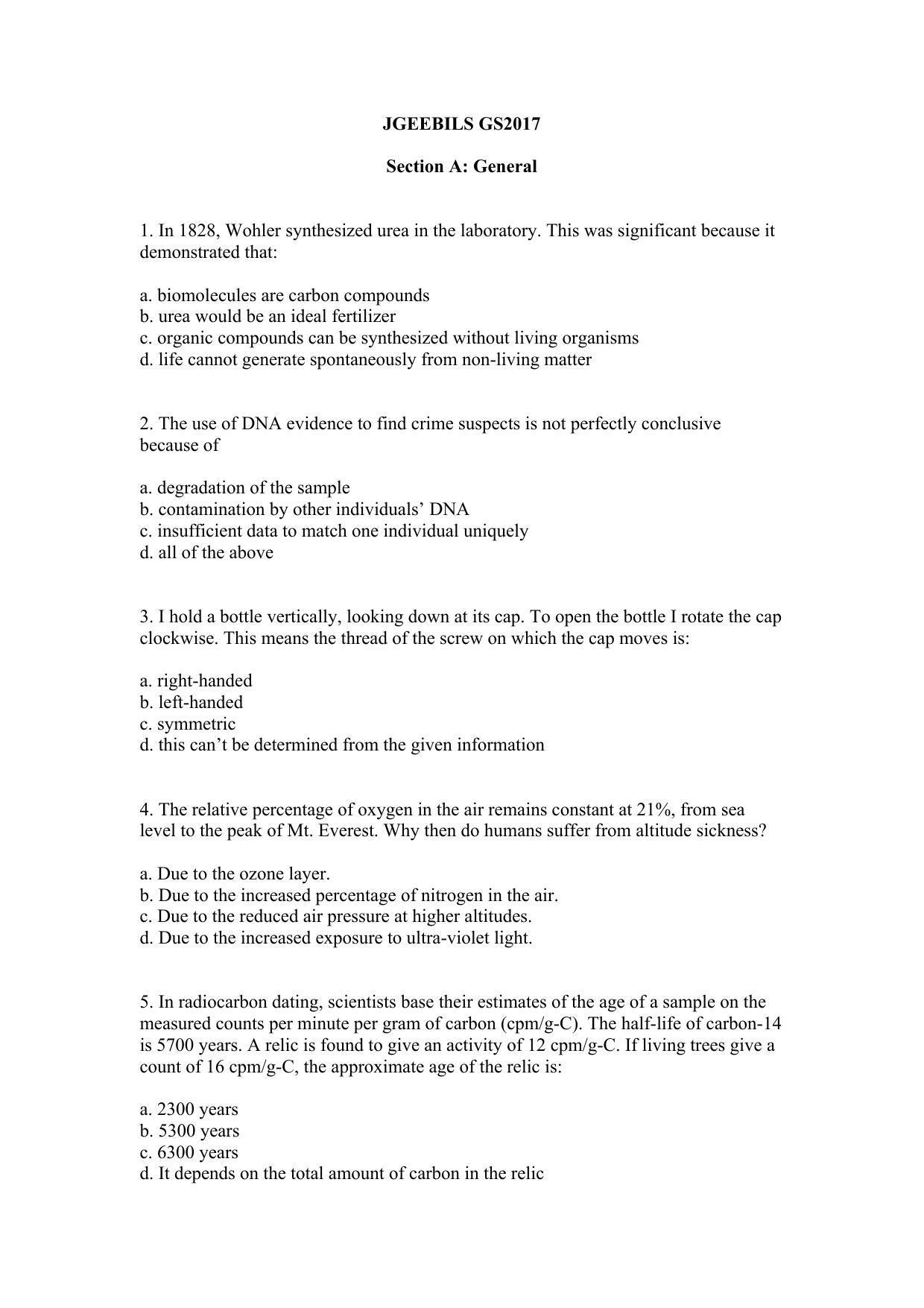 TIFR GS 2017 Biology Question Paper - Page 1