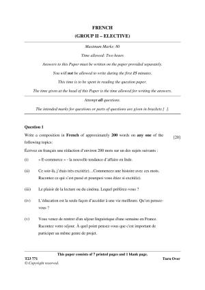 ICSE Class 10 FRENCH (GROUP II - ELECTIVE) 2023 Question Paper