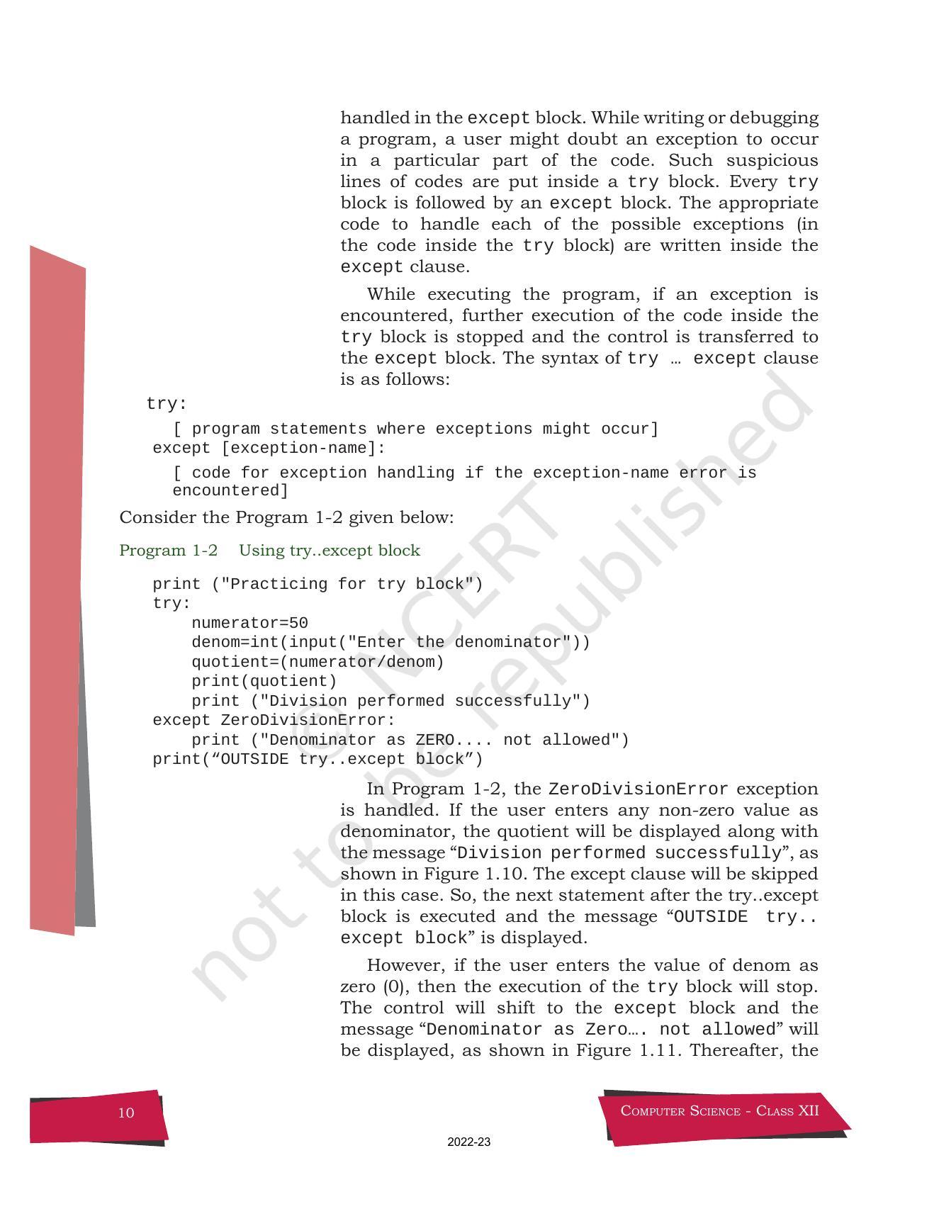 Ncert Book For Class 12 Computer Science Chapter 1 Exception Handling