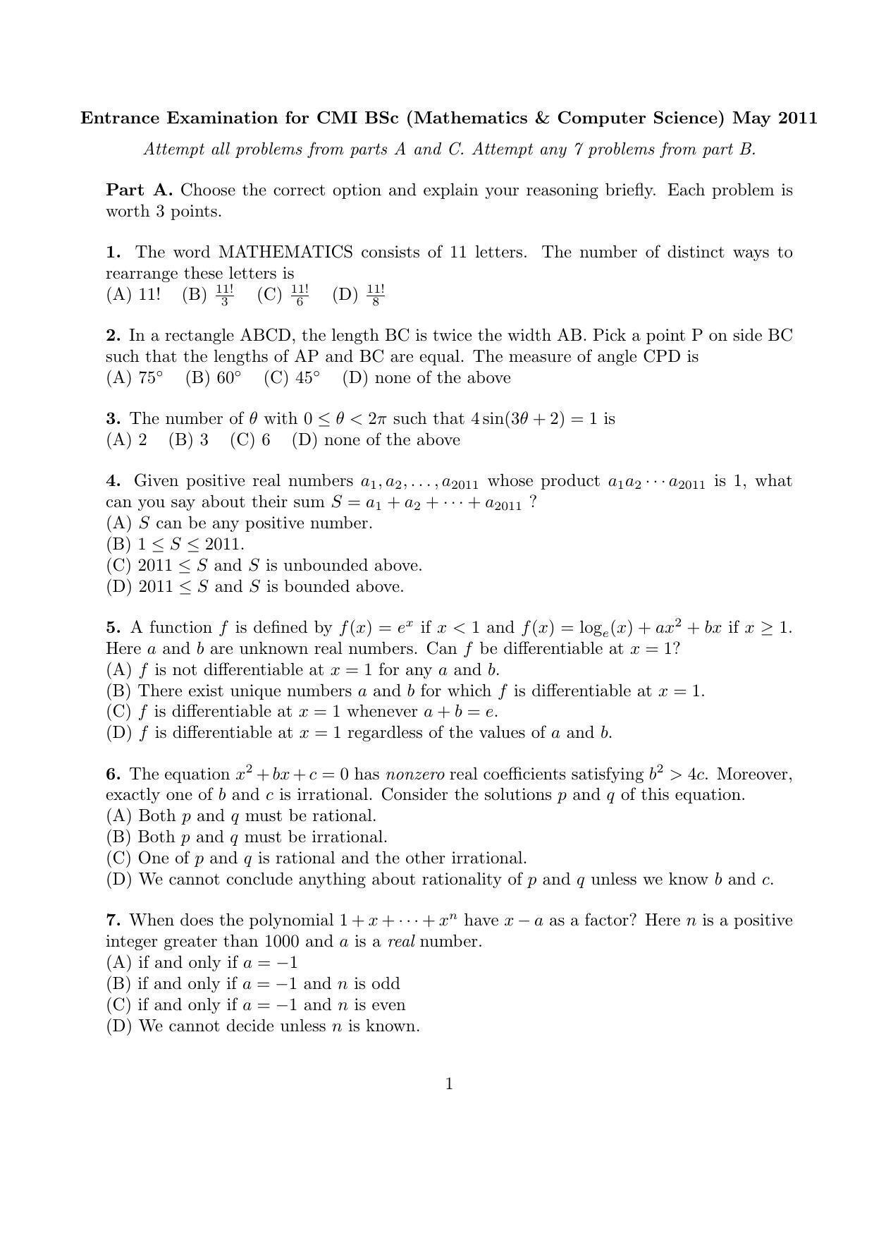 CMI Entrance Exam 2011 Question Paper B.Sc (Hons.) Mathematics and Computer Science - Page 1