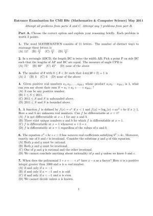 CMI Entrance Exam 2011 Question Paper B.Sc (Hons.) Mathematics and Computer Science