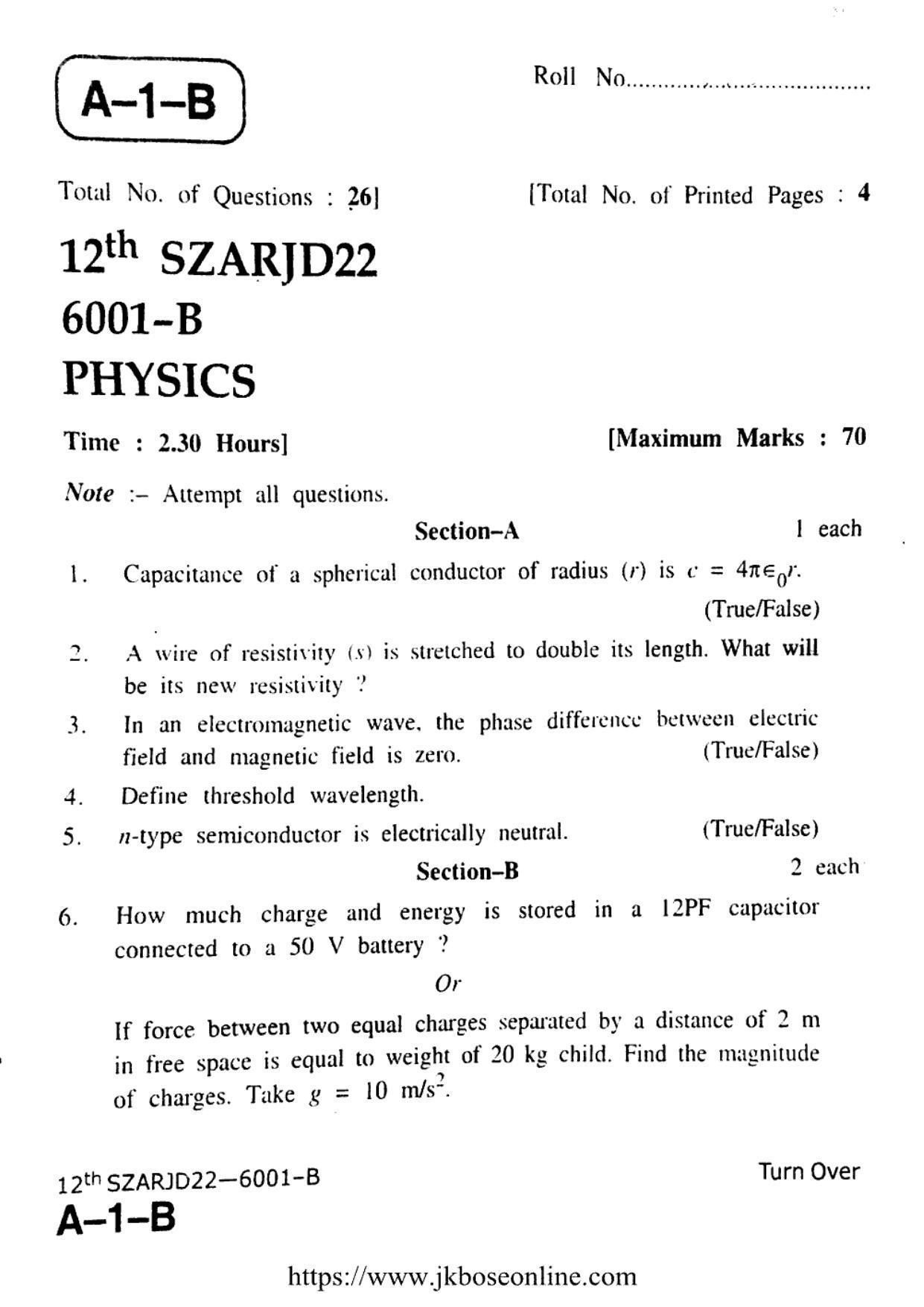 JKBOSE Class 12 Physics 6001-B Question Papers 2022 - Page 1