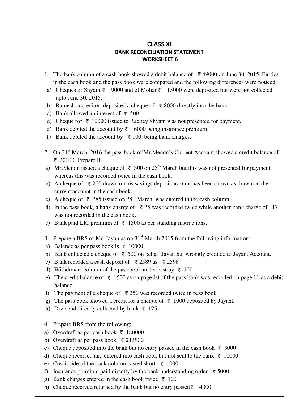 CBSE Worksheets for Class 11 Accountancy Bank Reconciliation Statement Assignment - Page 1