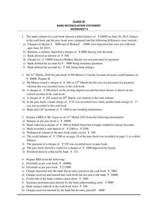 CBSE Worksheets for Class 11 Accountancy Bank Reconciliation Statement Assignment