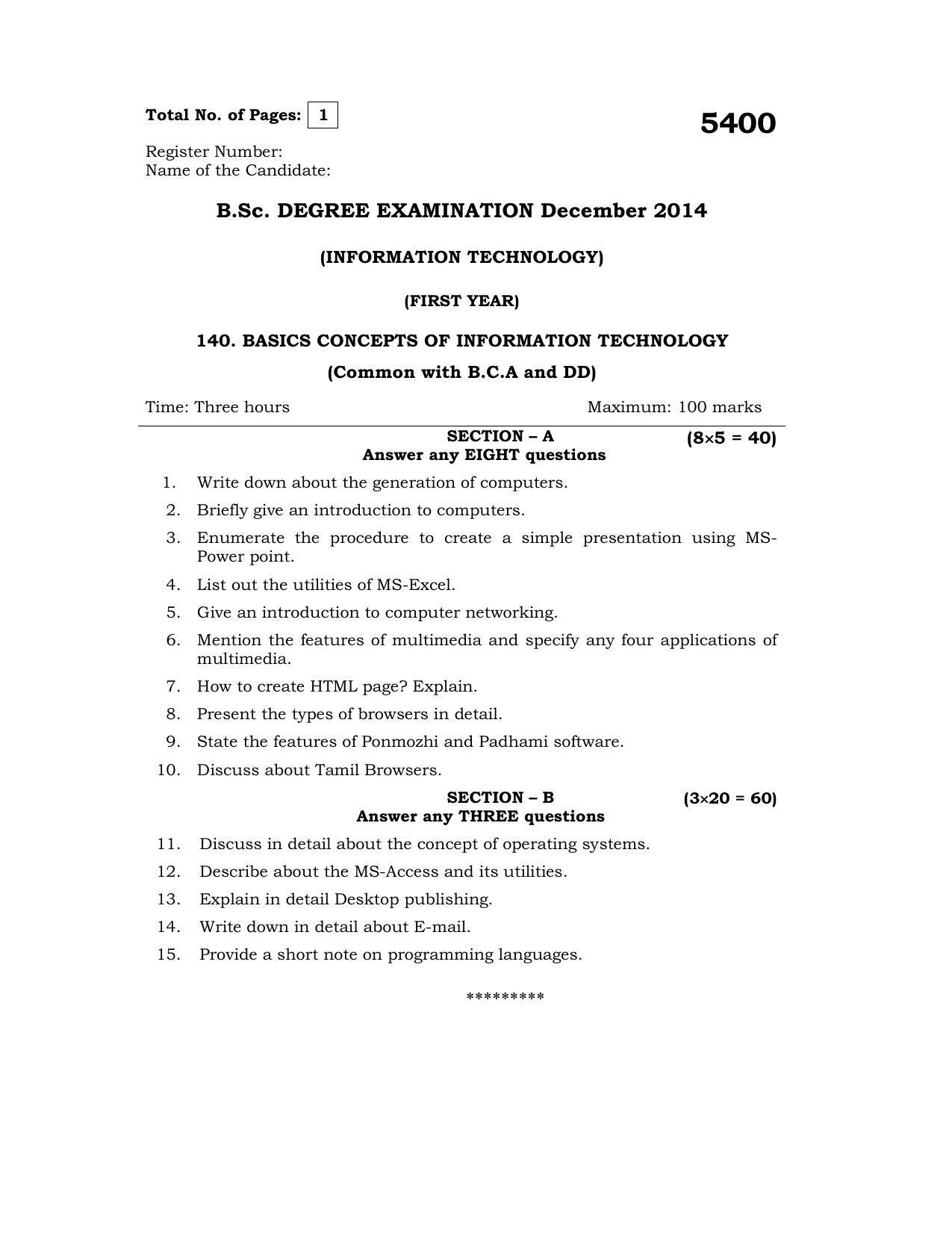 Annamalai University Basics/Concenpts Of Information Technology B.C.A. (OUS) December 2014 Question Papers - Page 1