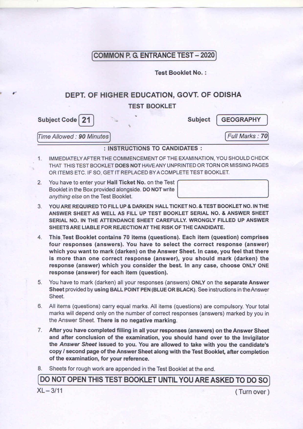 Odisha CPET GEOGRAPHY 2020 Question Paper - Page 1