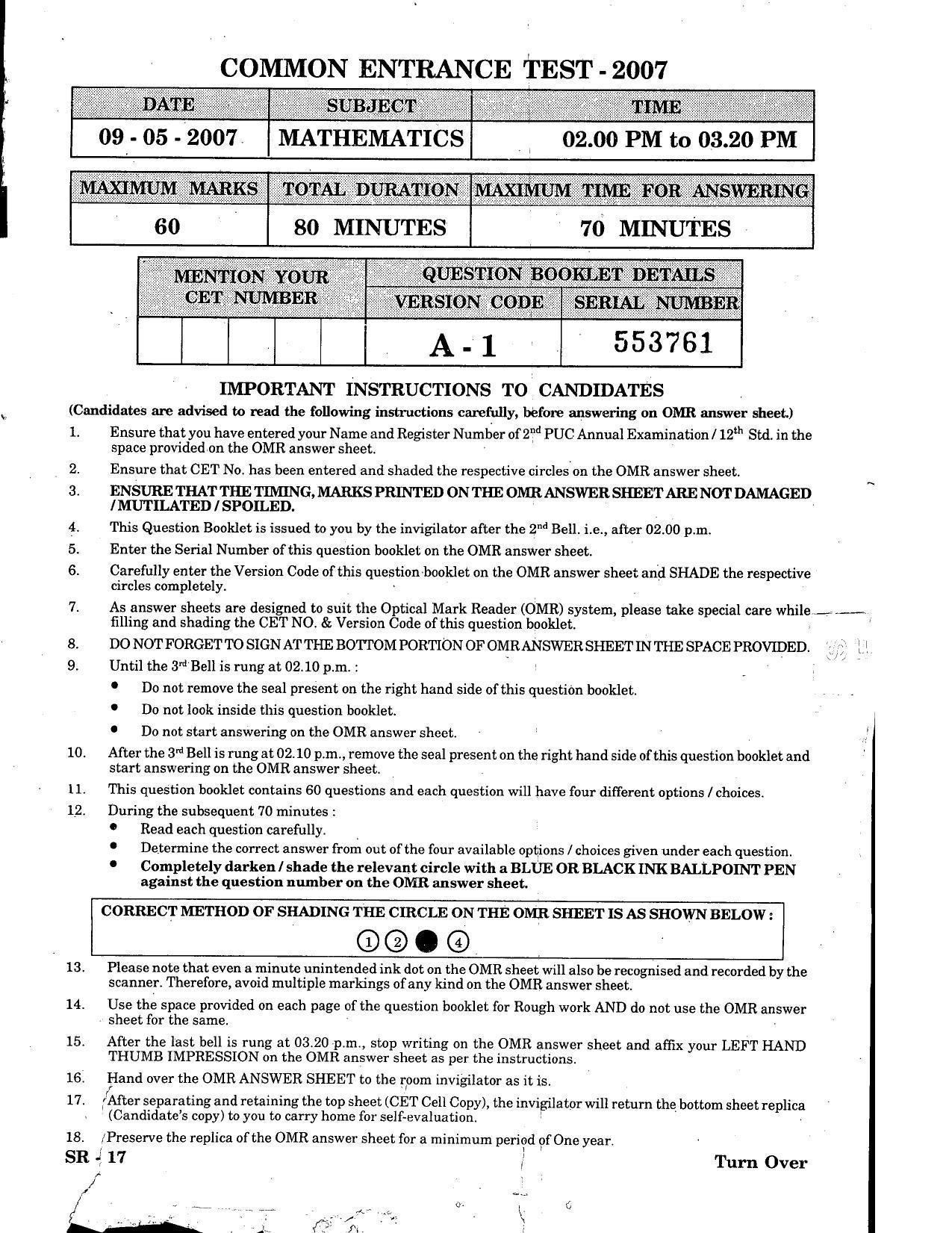 KCET Mathematics 2007 Question Papers - Page 1