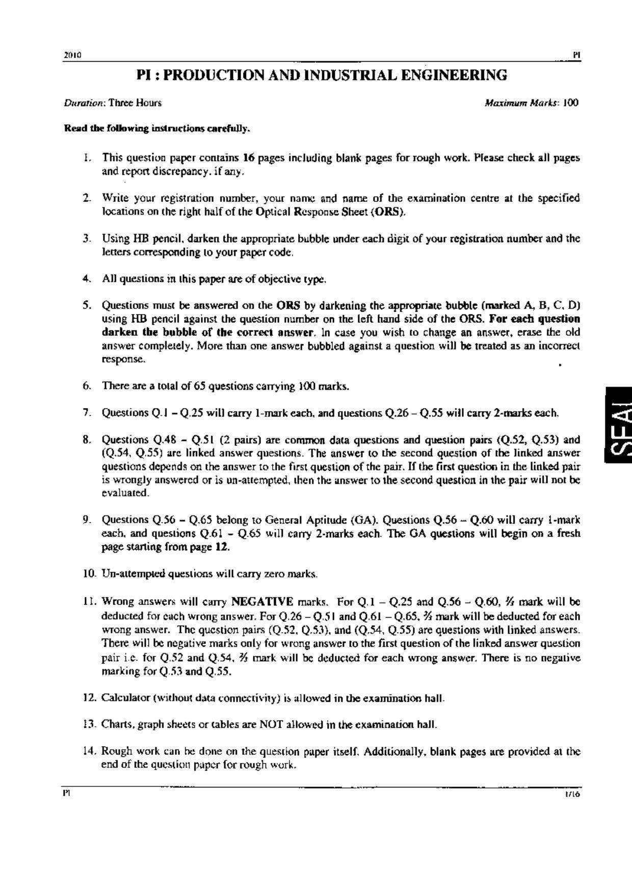 GATE 2010 Production and Industrial Engineering (PI) Question Paper with Answer Key - Page 1